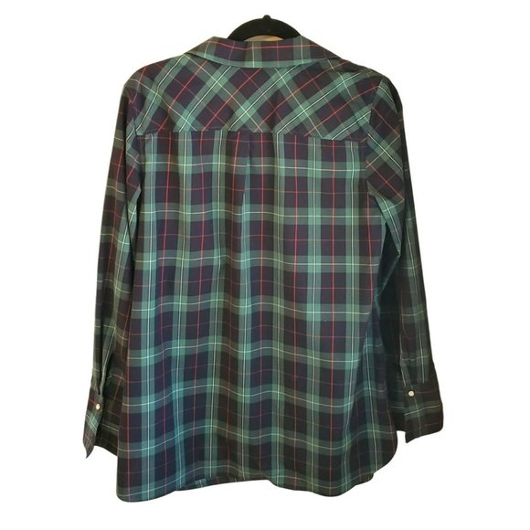 Talbots Women's Green Tartan Plaid Blouse Size 10 Non Iron Rhinestone Button - Picture 2 of 5